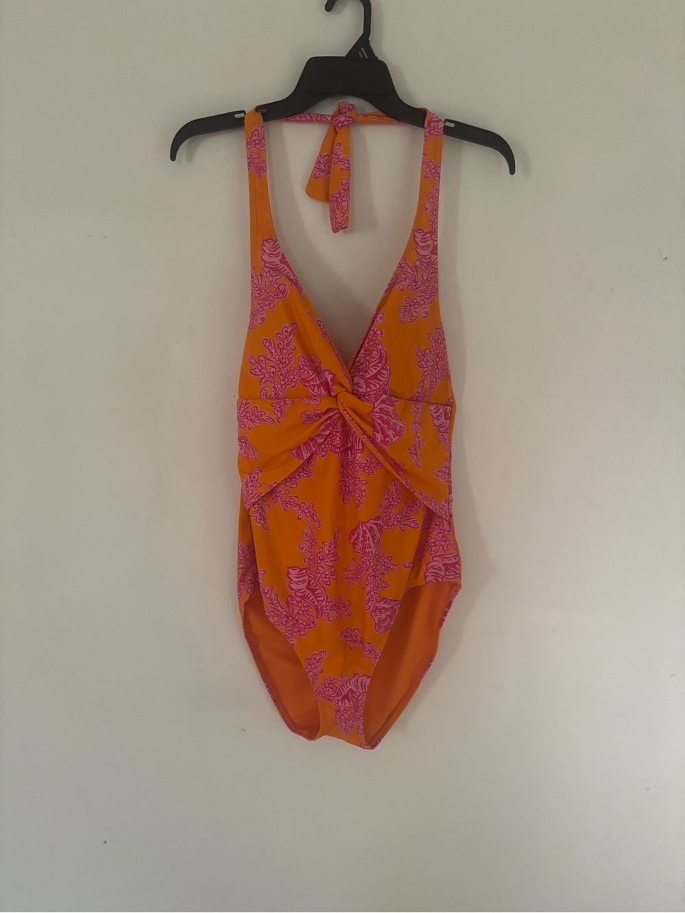 Ellen Tracy Orange Pink Coral Print Halter One Piece Swimsuit Size 12